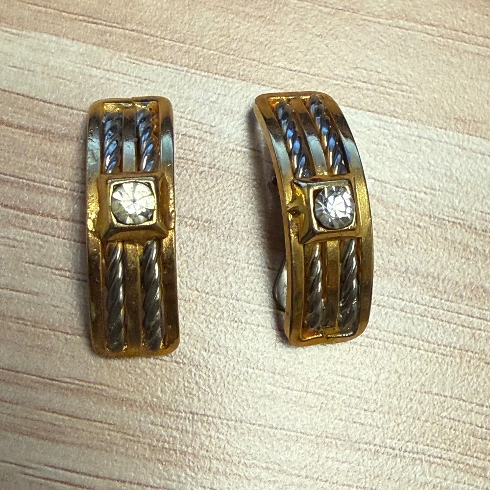 Vintage Gold Silver Two Tone Cable‎ Rope Rhinestone Clip On Earrings Mixed Metal